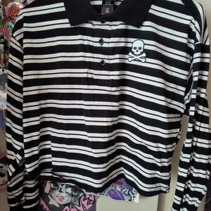 Hot Topic Social Collision Skull Striped Girls Crop Long Sleeve Polo